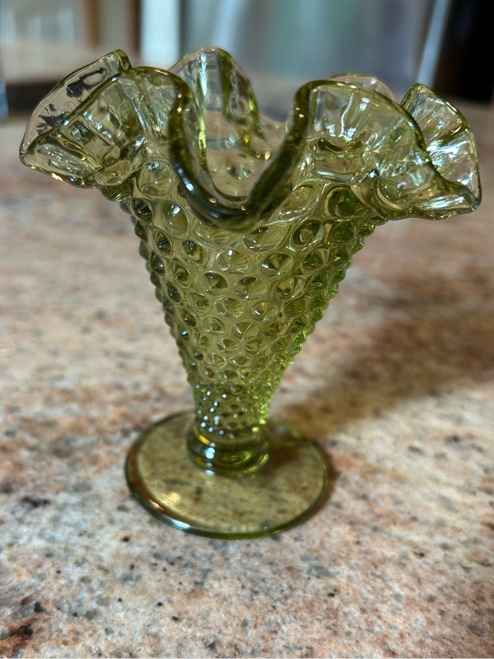 Fenton Colonial Green Crimped Edge Hobnail Ruffled Top Glass Vase Pedestal  Foot